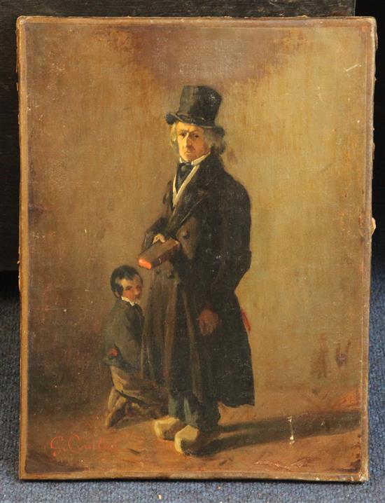 Attributed to Gustave Courbet (1819-1877) Portrait of a standing gentleman, a boy at his feet, 13 x 10in. unframed